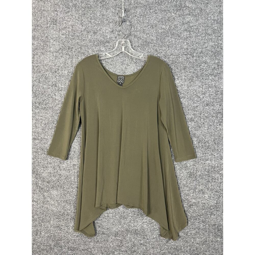 Clara Sun Woo Shirt Womens XS Green Asymmetrical V Neck Tunic Bohemian Stretch